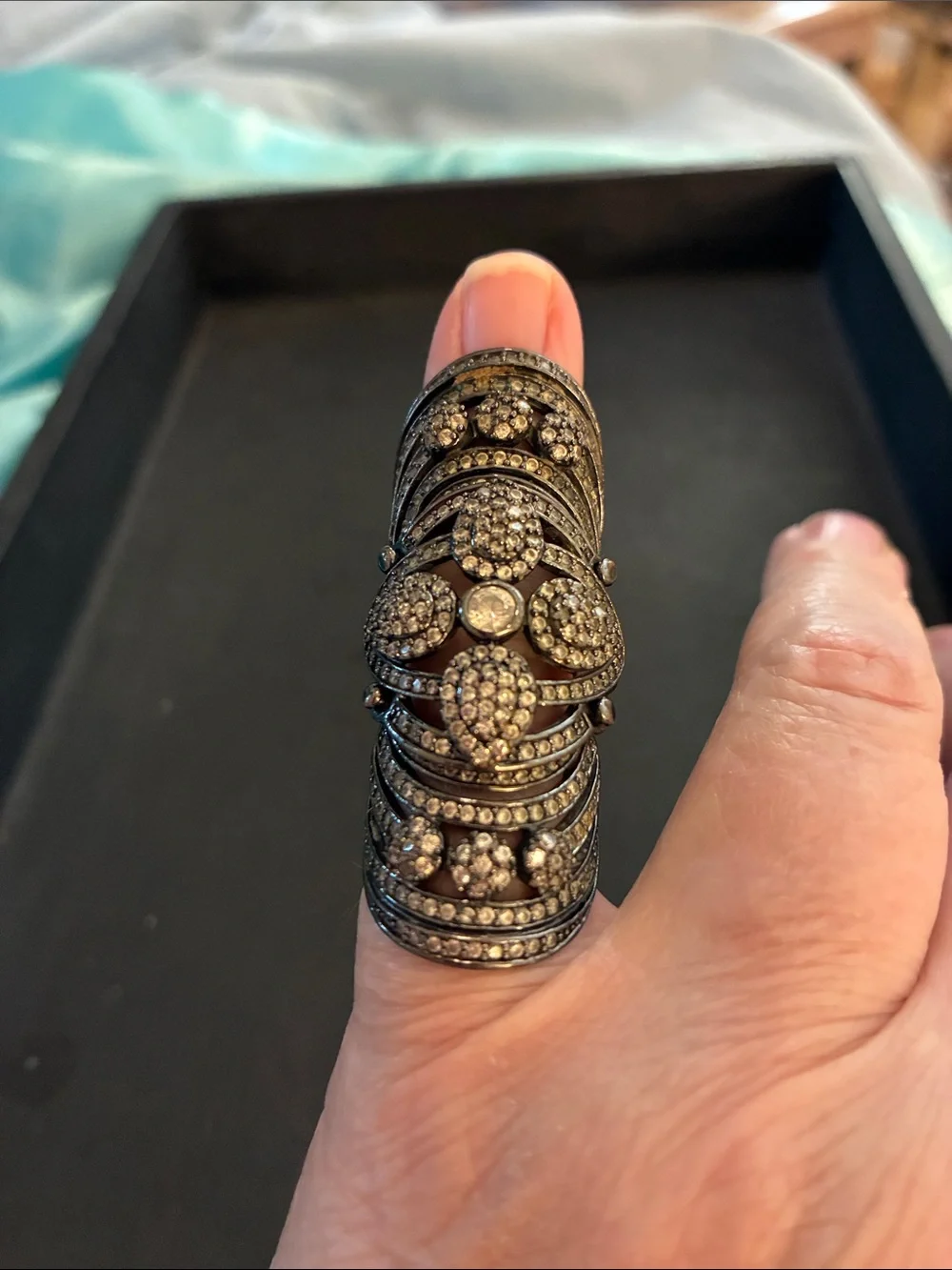 Antique-Style Long Band Crystal Statement Ring. Bends in two places.